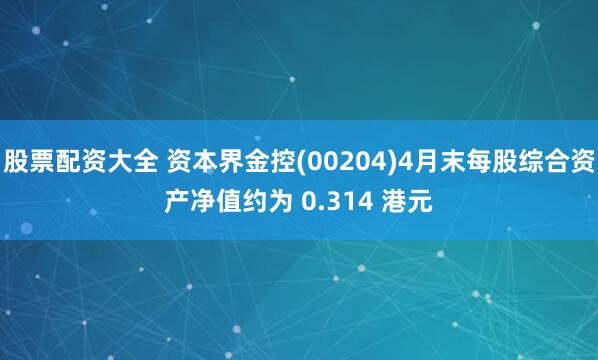 股票配资大全 资本界金控(00204)4月末每股综合资产净值约为 0.314 港元